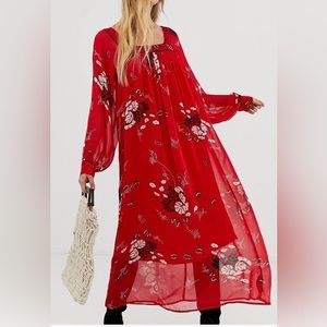 NEw  square neck Red floral/sheer Dress